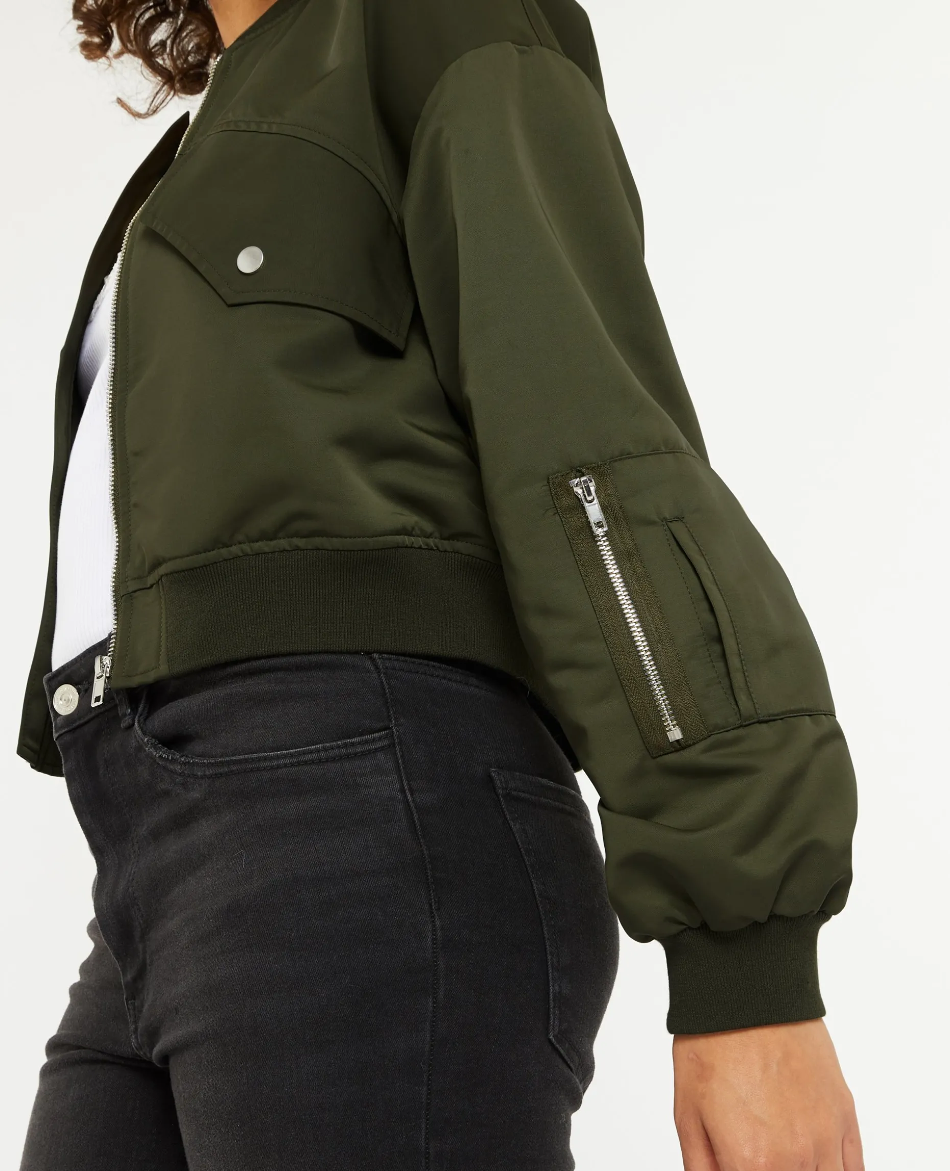 Bomber Court En Tissu Satiné - Vert Kaki