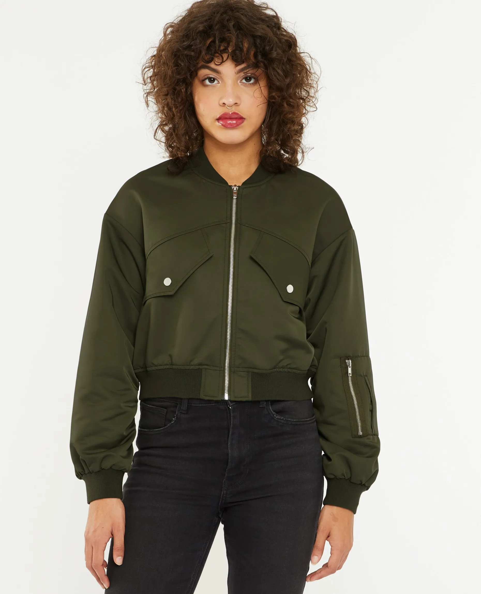 Bomber Court En Tissu Satiné - Vert Kaki