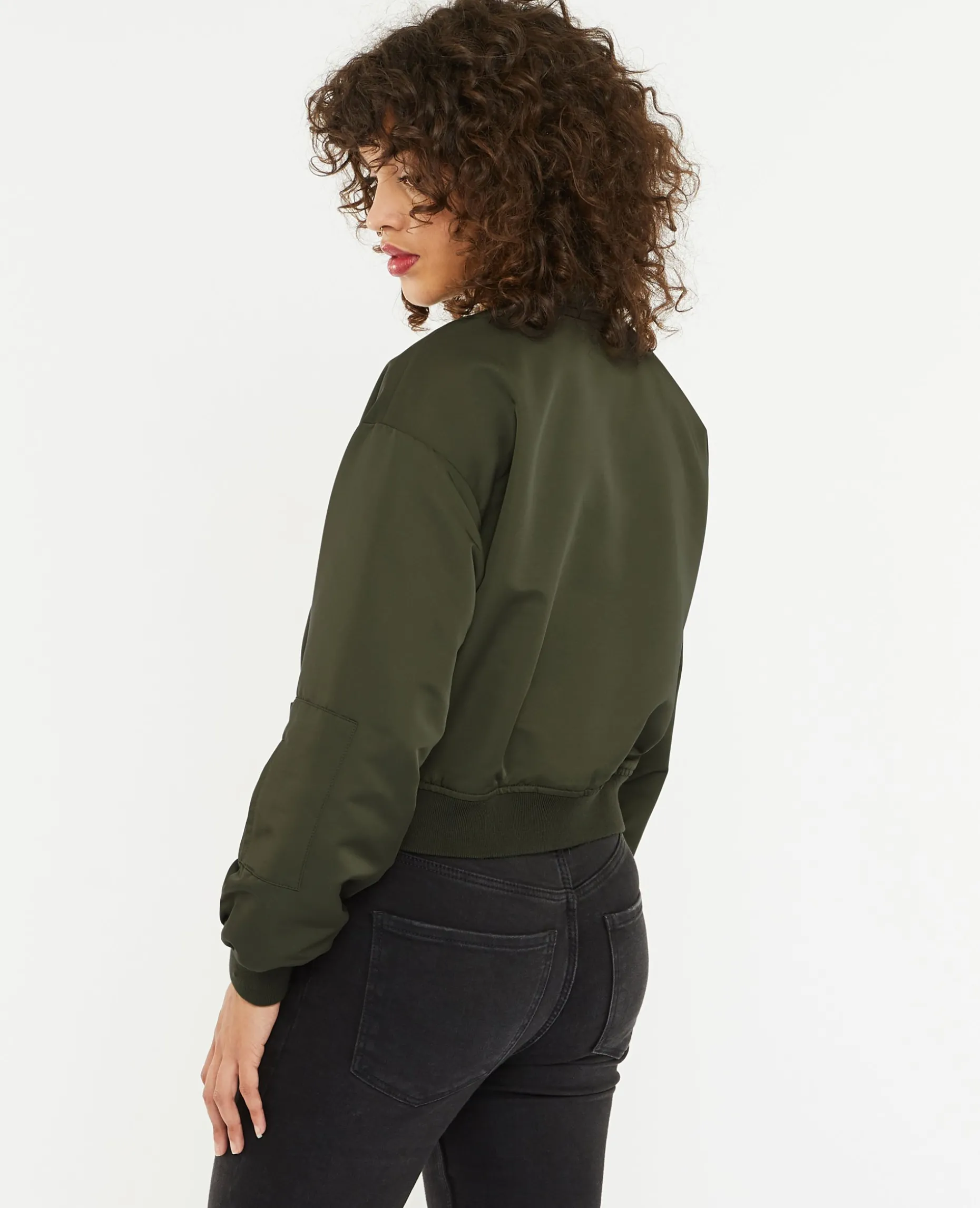Bomber Court En Tissu Satiné - Vert Kaki