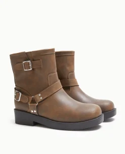 Boots Motardes Avec Détails Brides Et Boucle - Marron