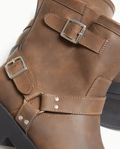 Boots Motardes Avec Détails Brides Et Boucle - Marron