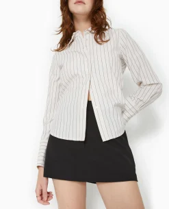 Chemise Cintrée Manches Longues Motif Rayures - Beige