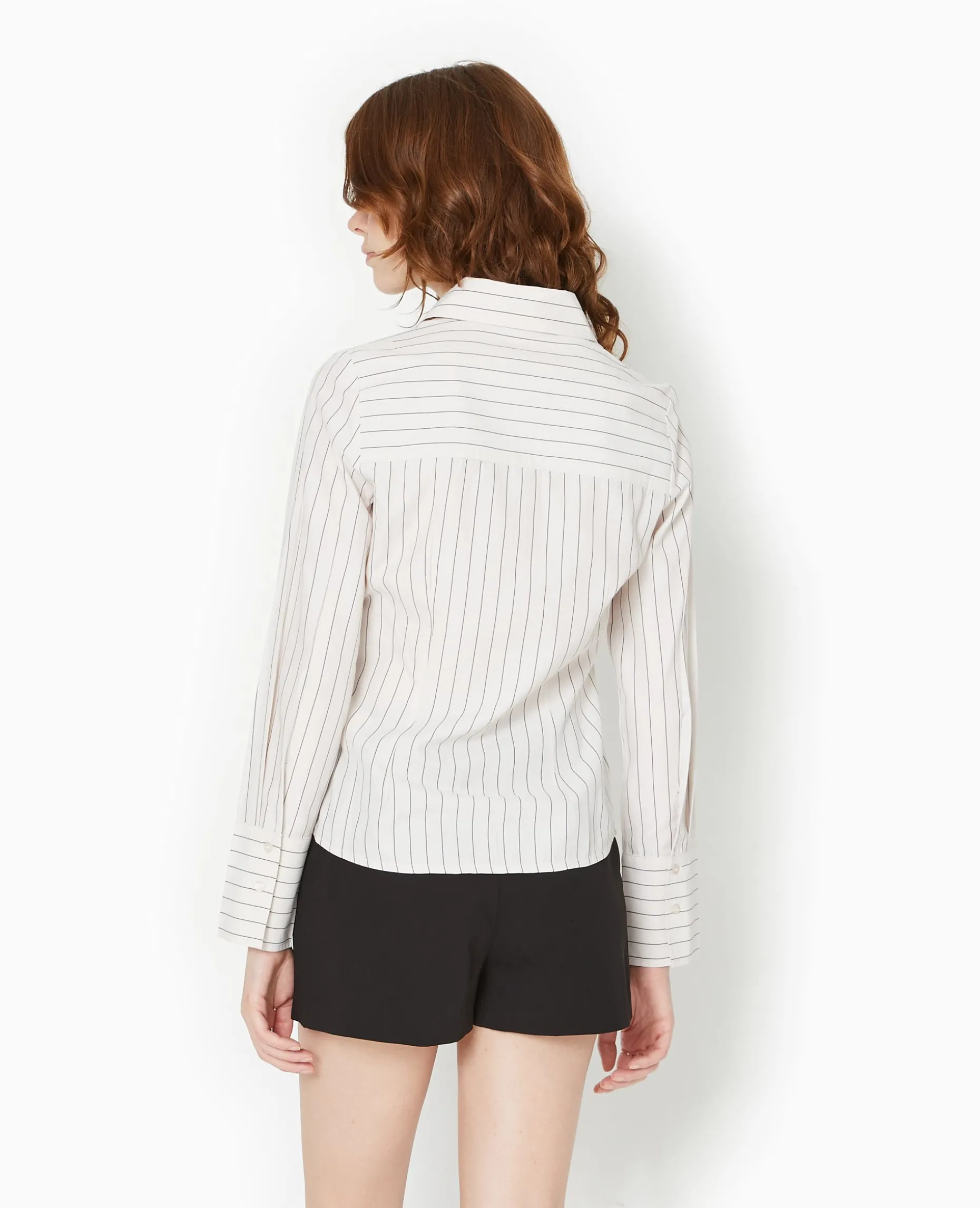 Chemise Cintrée Manches Longues Motif Rayures - Beige