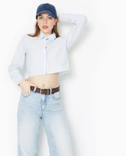 Chemise Courte Rayée Manches Longues - Bleu
