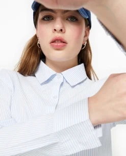 Chemise Courte Rayée Manches Longues - Bleu
