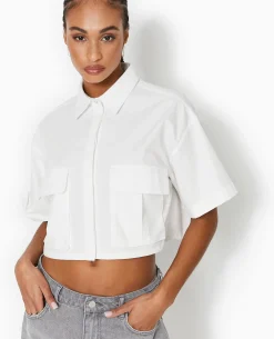 Chemise Cropped Avec Poches Plaquées - Blanc