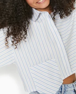 Chemise Cropped Rayée Avec Poche Décalée - Bleu Clair