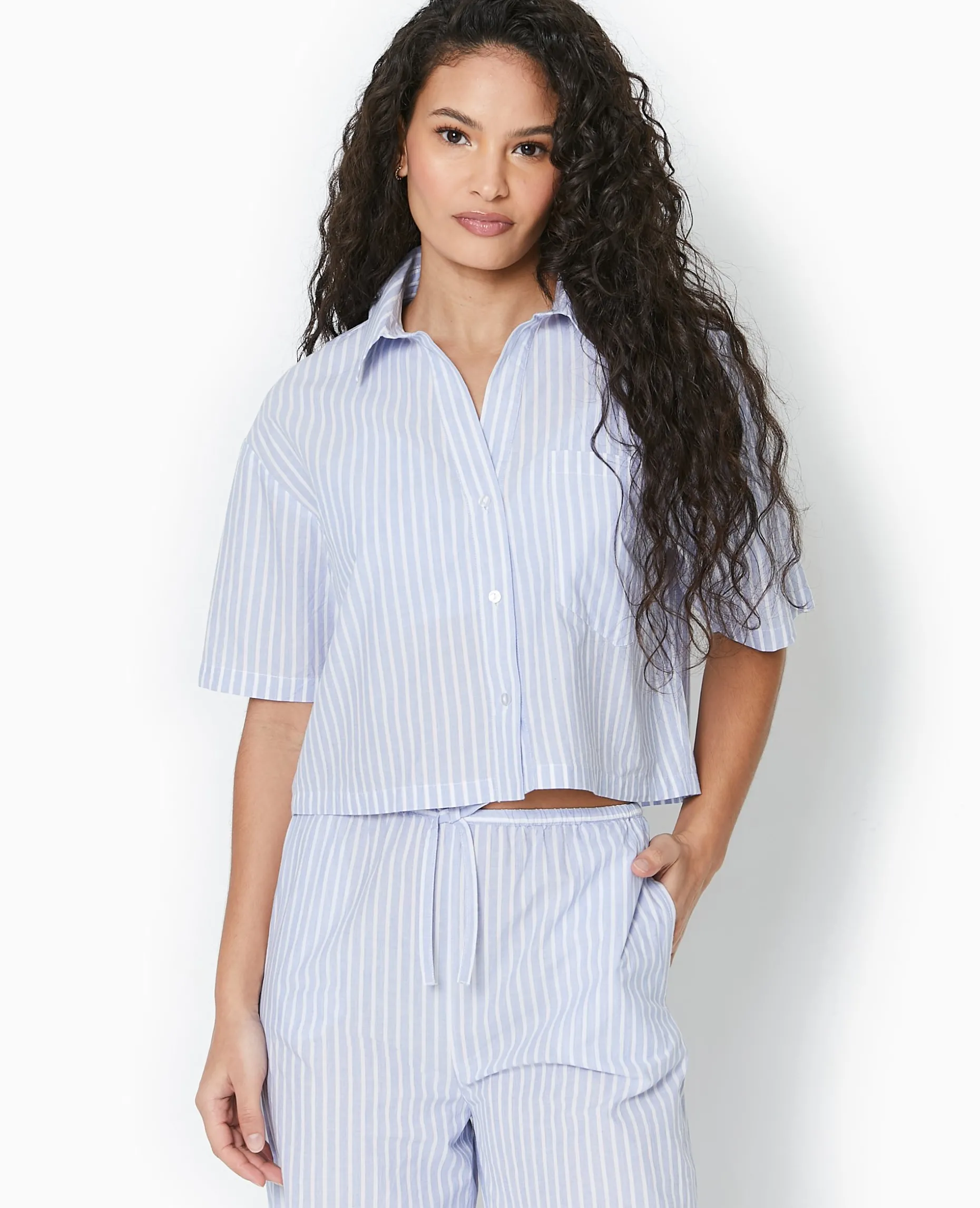 Chemise Cropped Rayée Façon Pyjama D'homme - Bleu