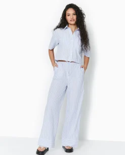 Chemise Cropped Rayée Façon Pyjama D'homme - Bleu