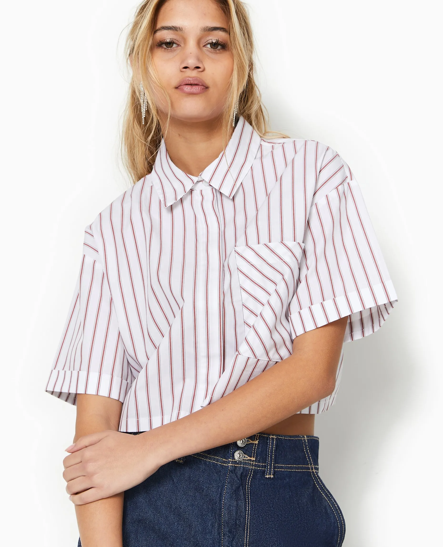 Chemise Cropped Rayée Façon Pyjama D'homme - Blanc