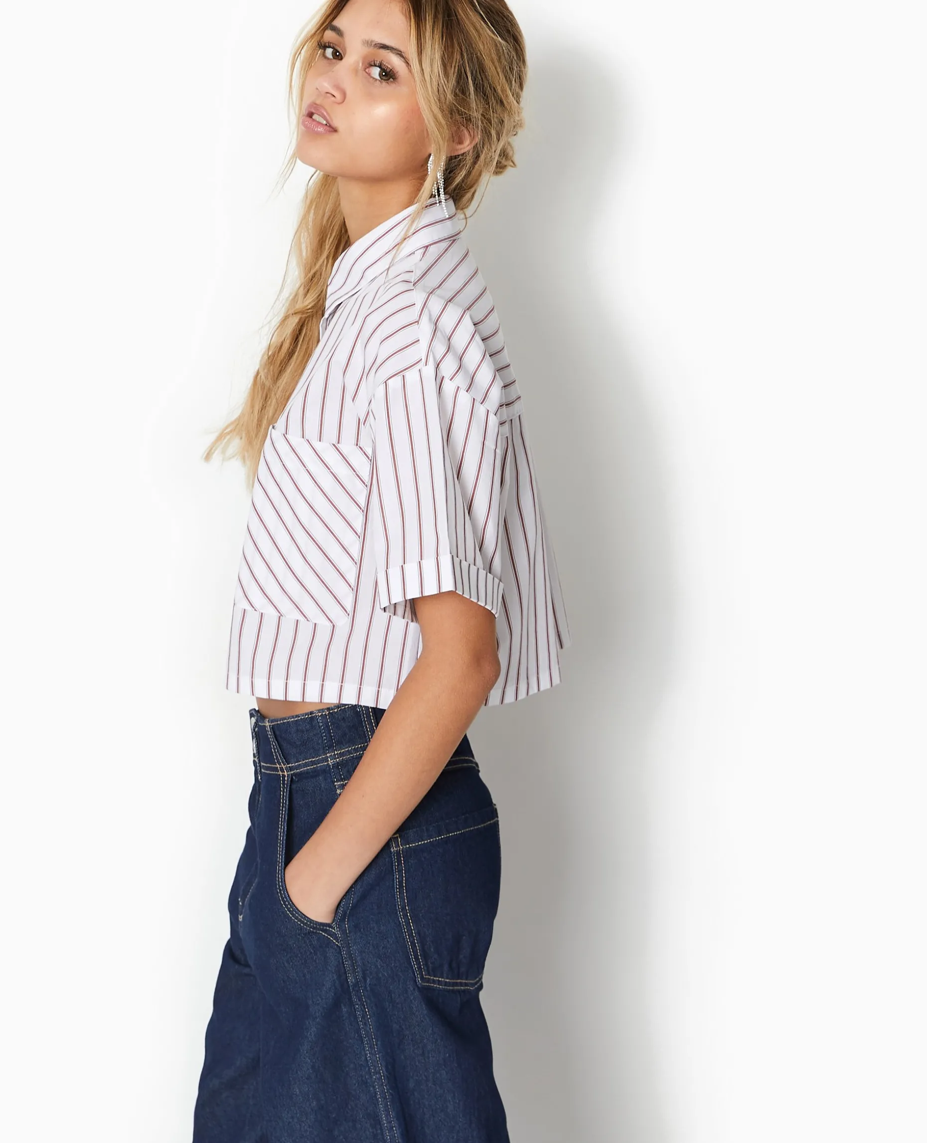 Chemise Cropped Rayée Façon Pyjama D'homme - Blanc