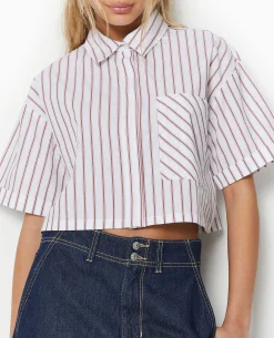 Chemise Cropped Rayée Façon Pyjama D'homme - Blanc