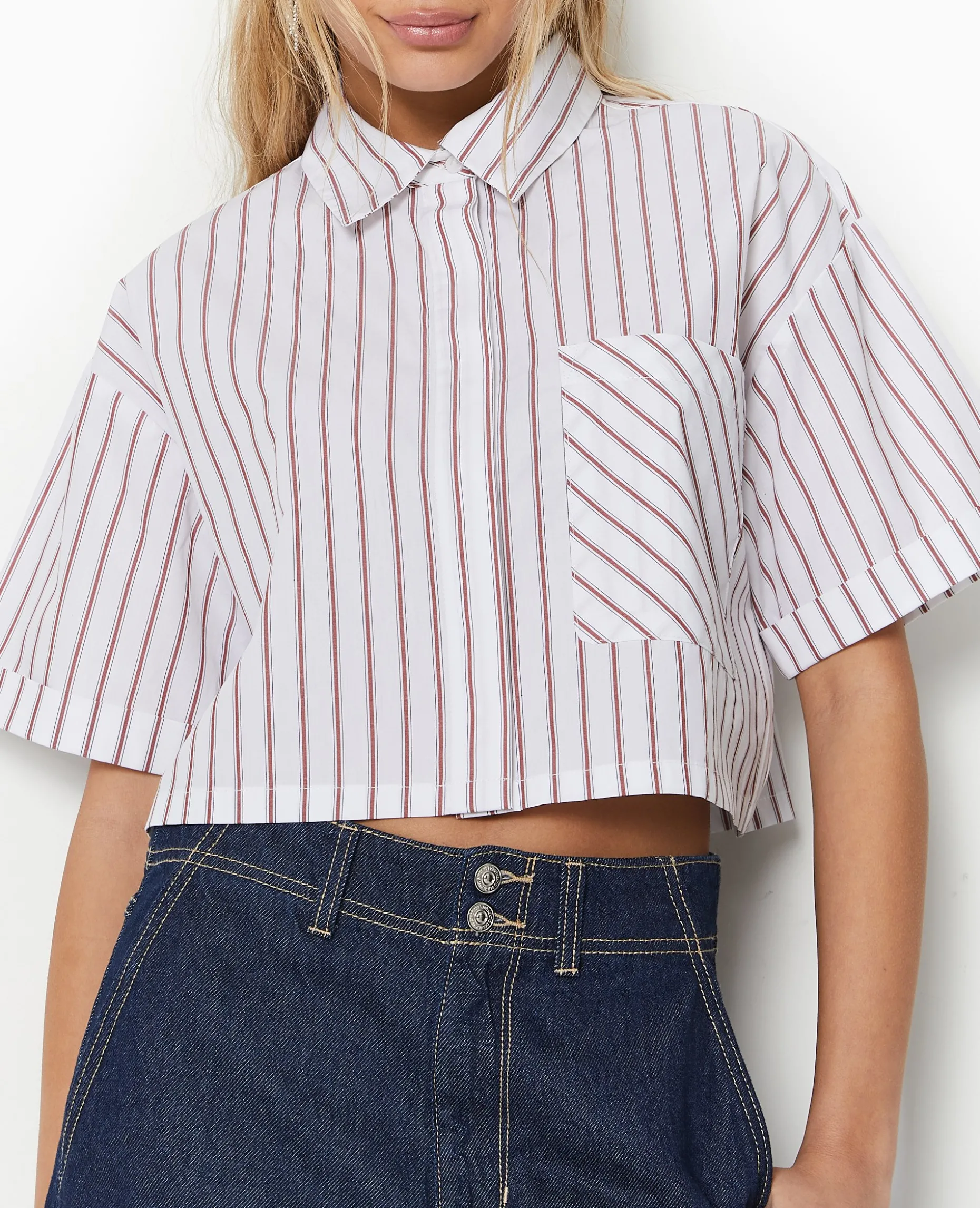 Chemise Cropped Rayée Façon Pyjama D'homme - Blanc