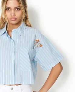 Chemise Cropped Rayée Façon Pyjama D'homme - Bleu