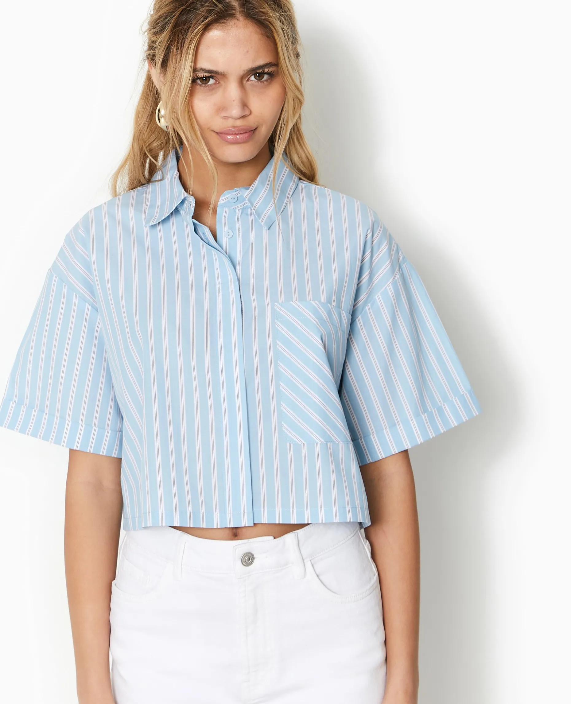 Chemise Cropped Rayée Façon Pyjama D'homme - Bleu