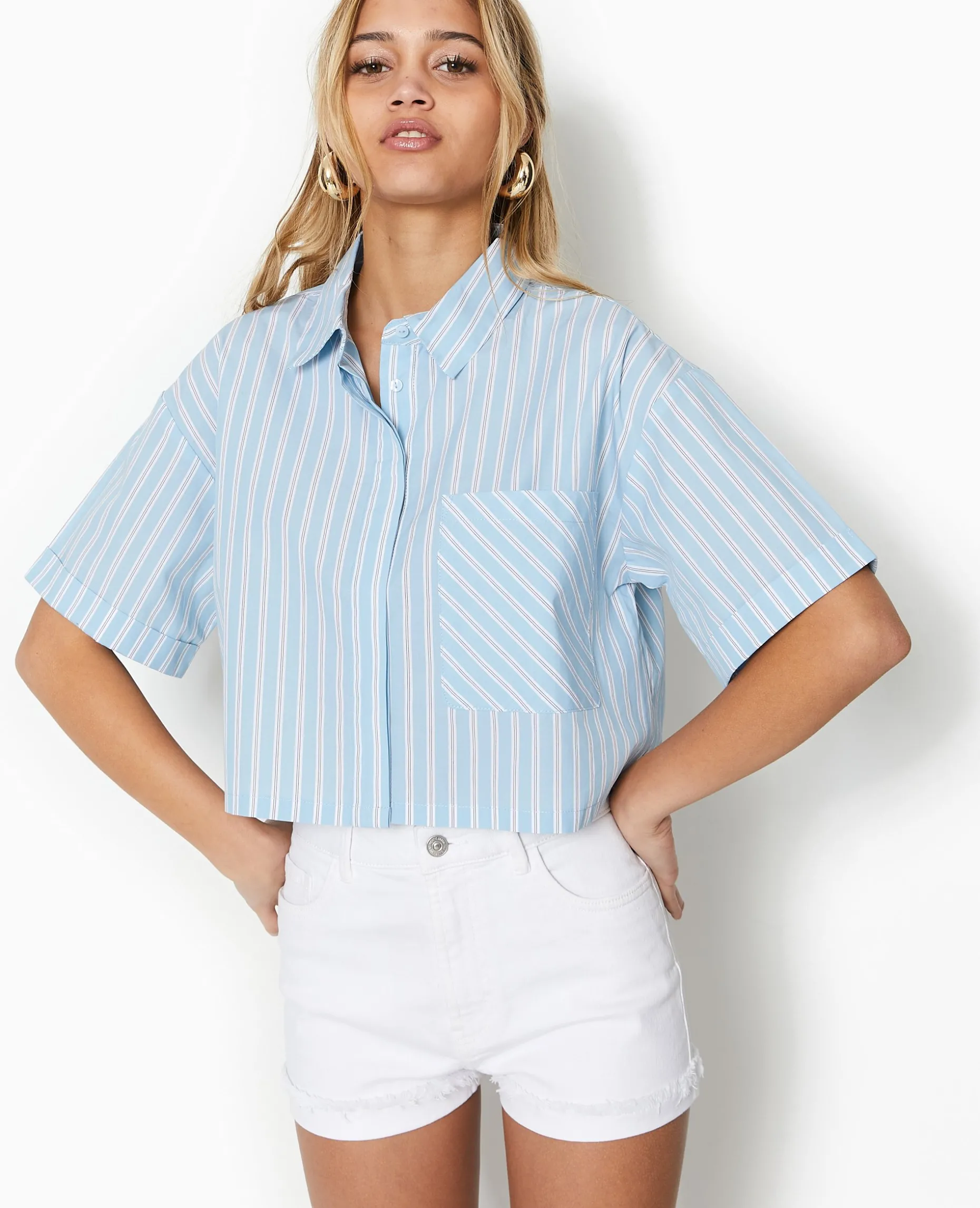 Chemise Cropped Rayée Façon Pyjama D'homme - Bleu