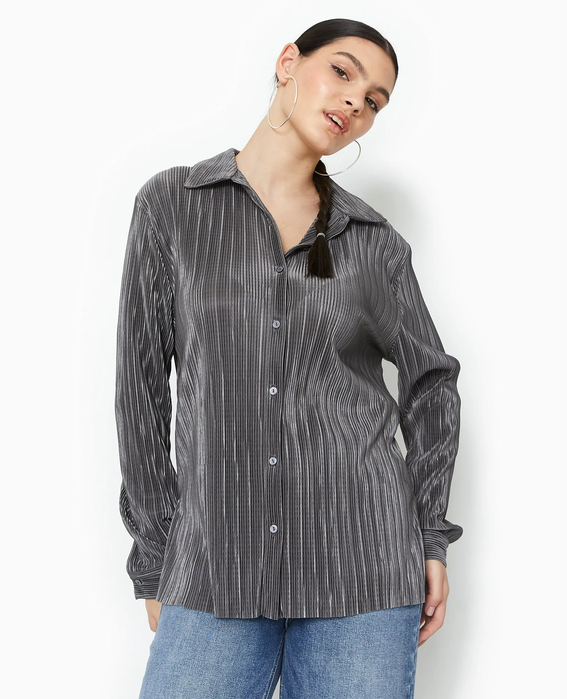 Chemise Oversize En Tissu Plissé Et Satiné - Gris