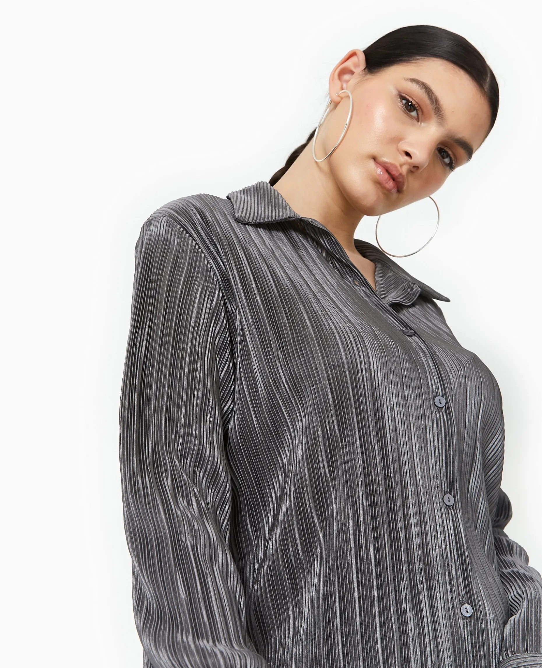 Chemise Oversize En Tissu Plissé Et Satiné - Gris