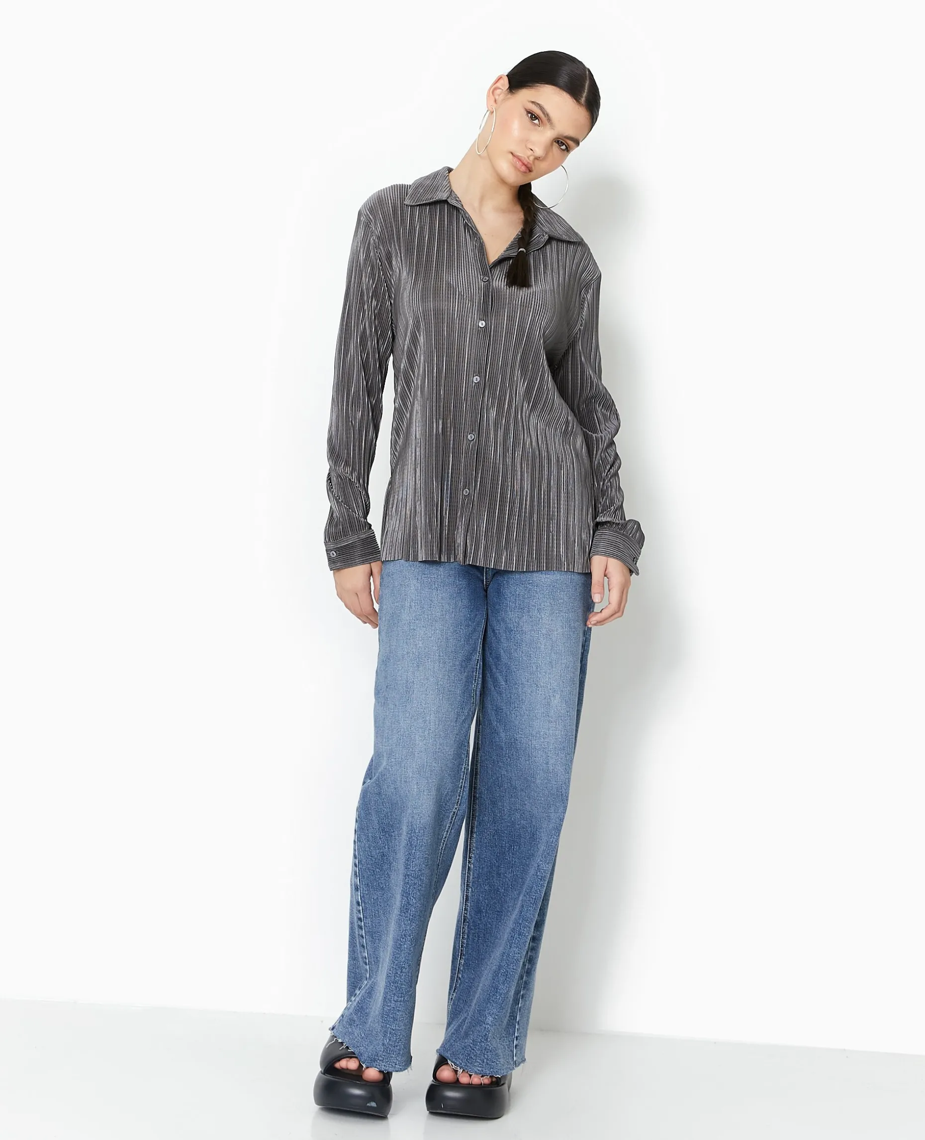 Chemise Oversize En Tissu Plissé Et Satiné - Gris