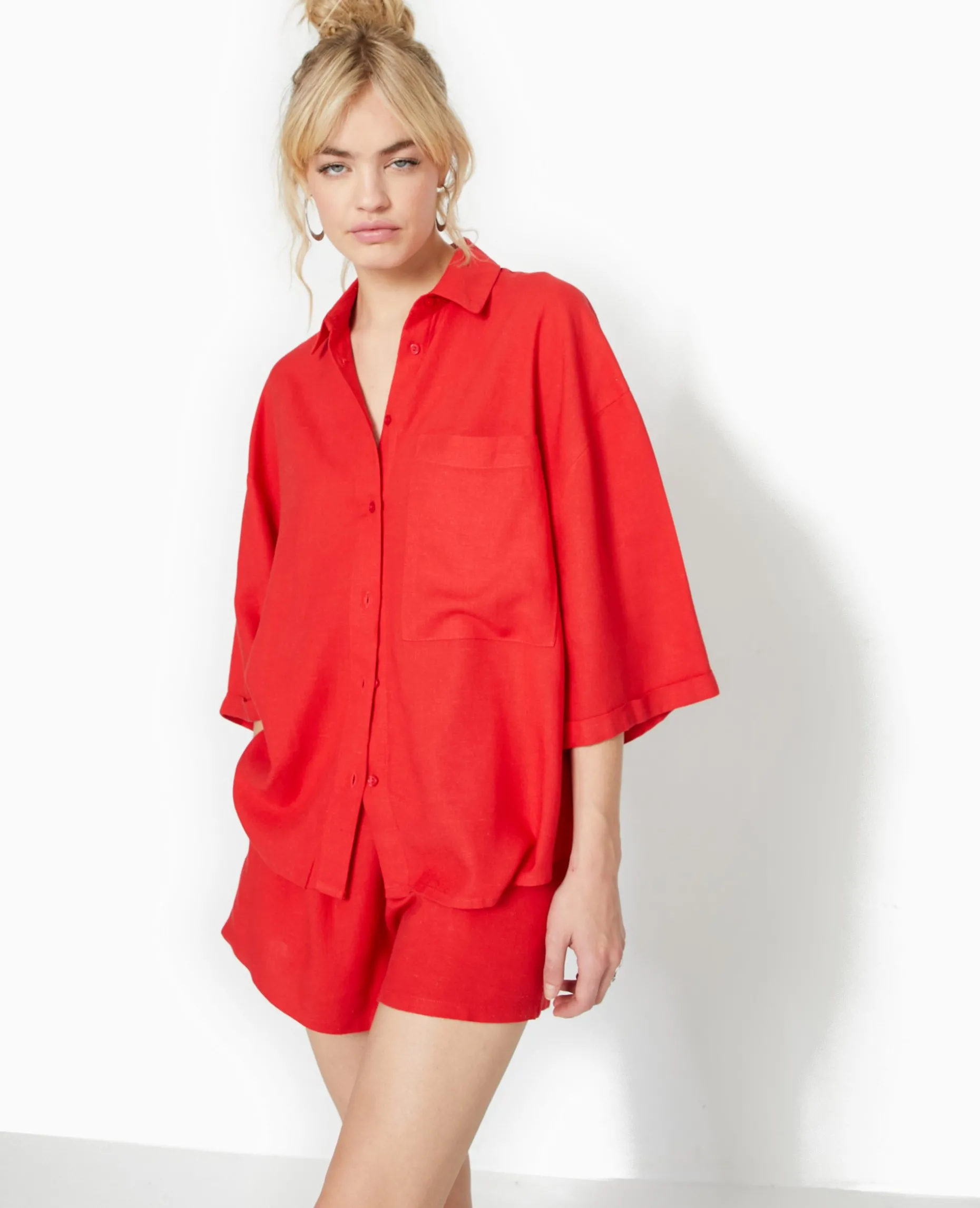 Chemise Oversize Manches Courte Avec Lin - Rouge