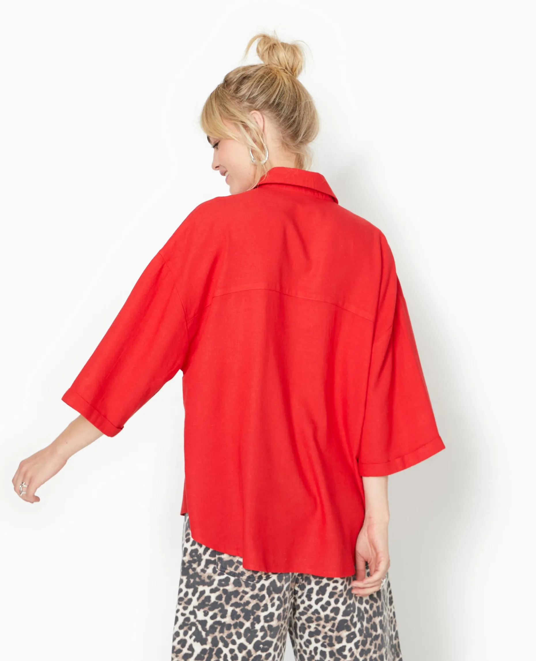 Chemise Oversize Manches Courte Avec Lin - Rouge