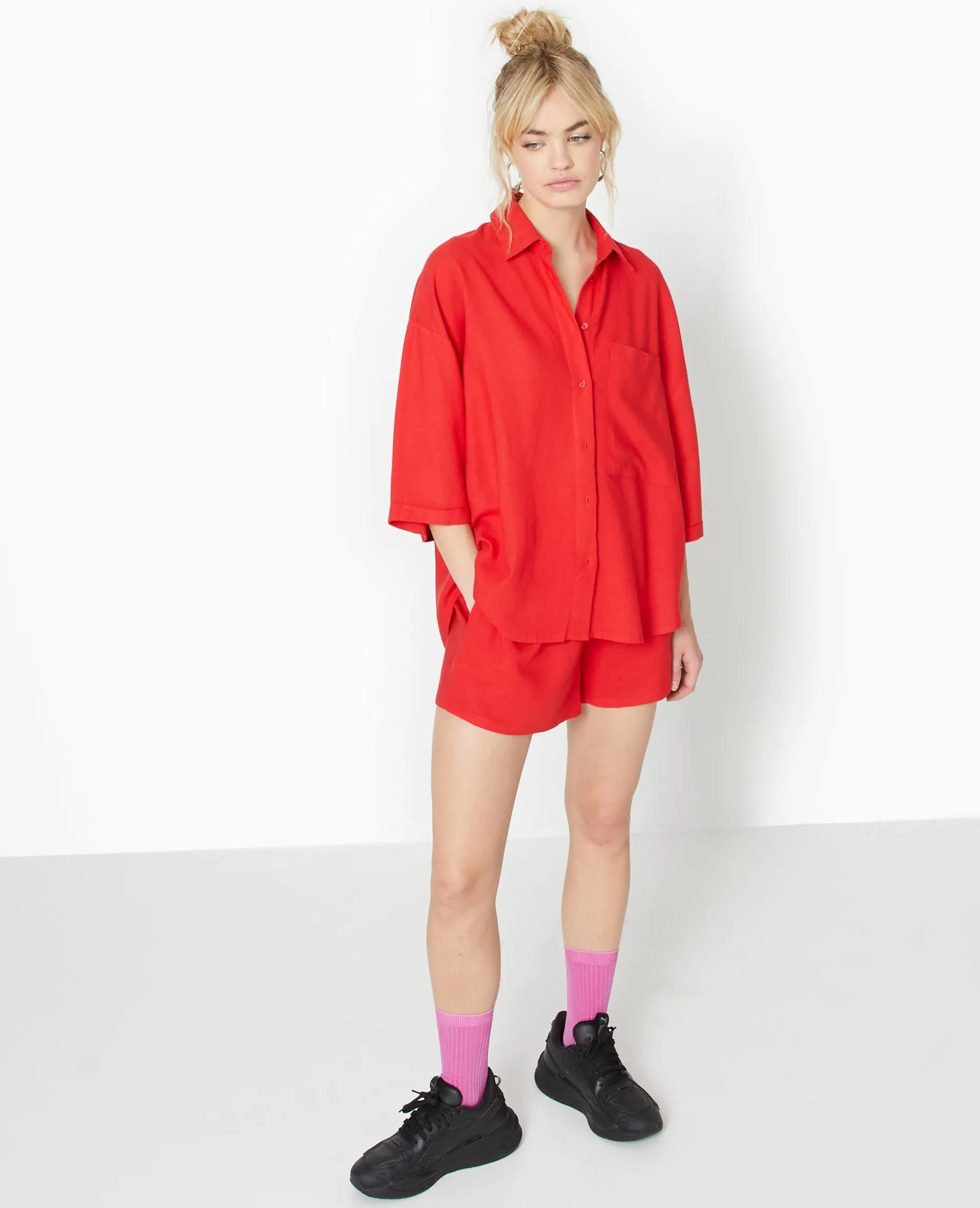 Chemise Oversize Manches Courte Avec Lin - Rouge