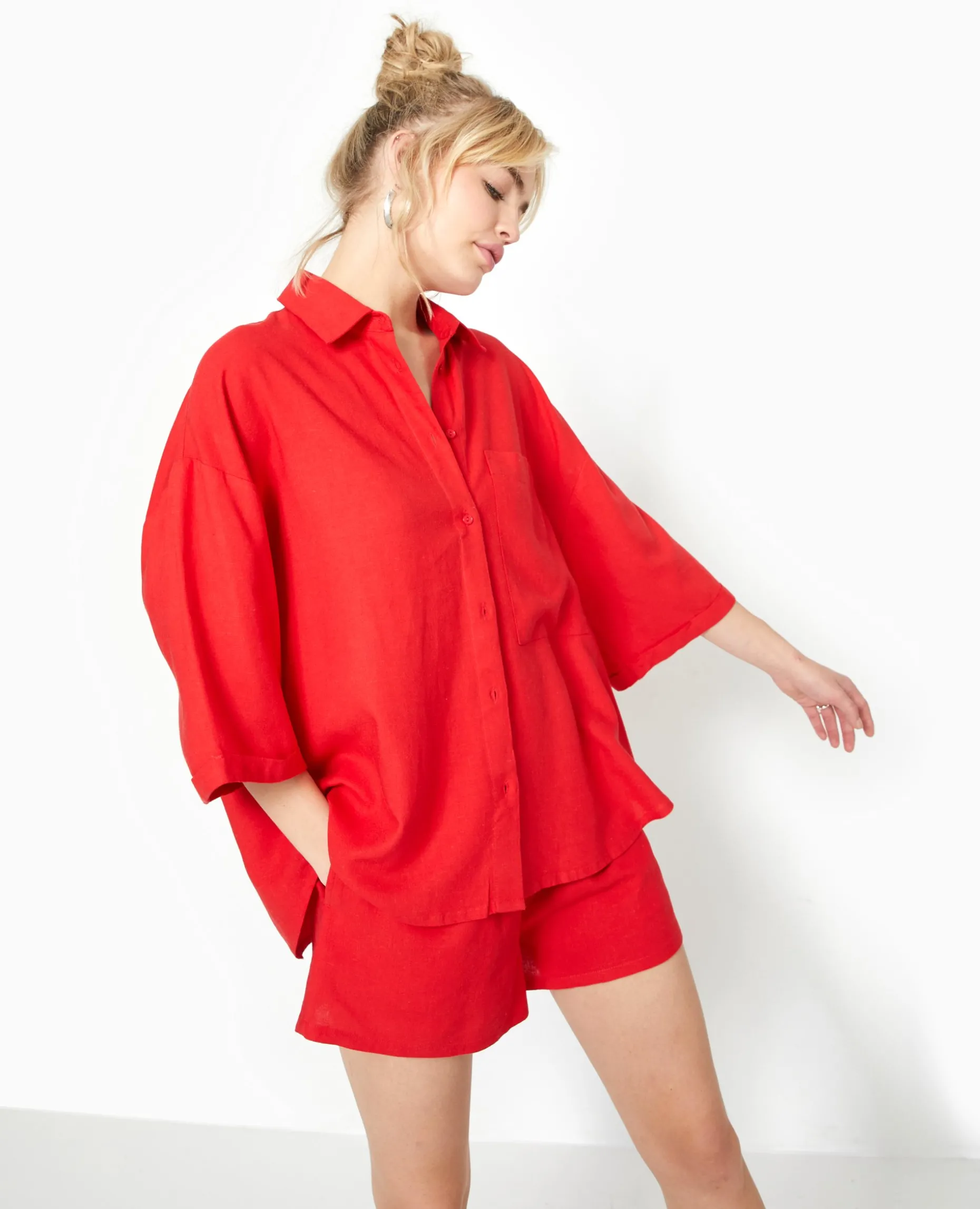 Chemise Oversize Manches Courte Avec Lin - Rouge