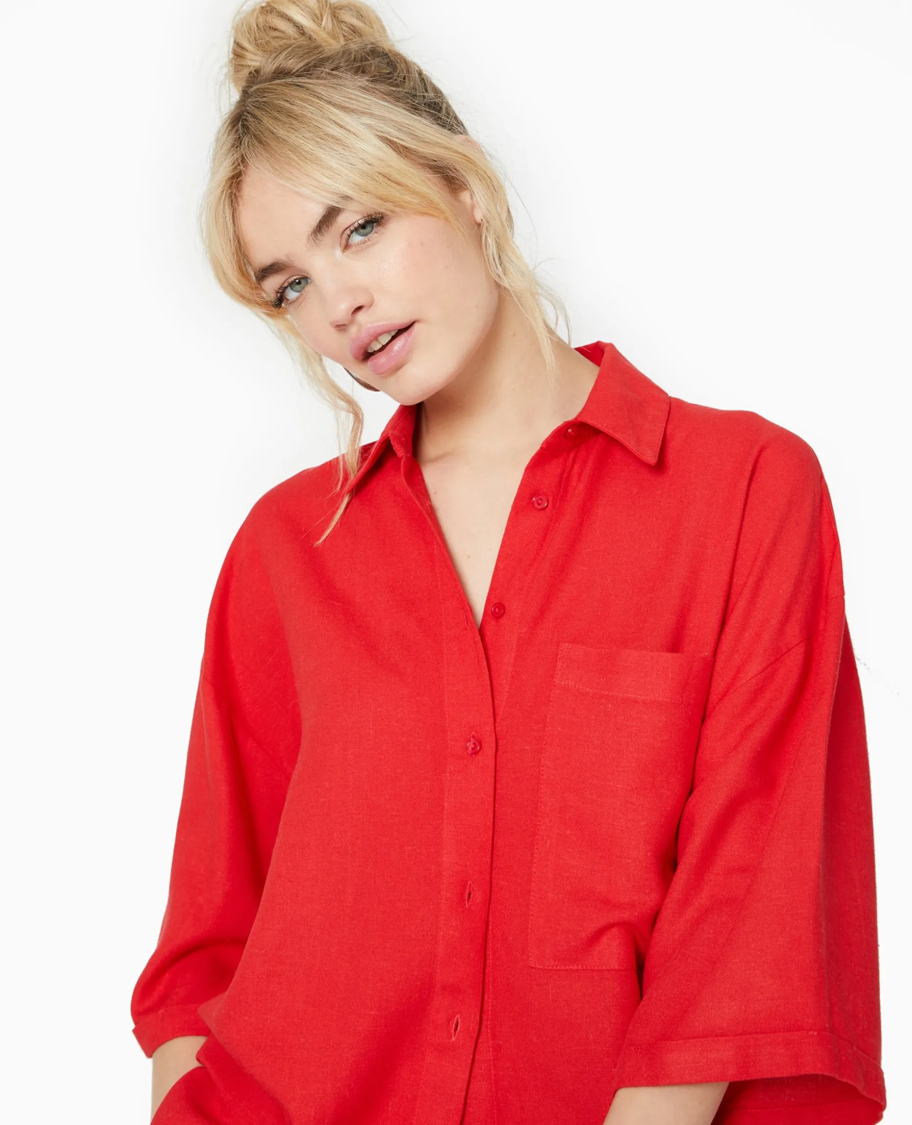 Chemise Oversize Manches Courte Avec Lin - Rouge