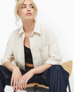 Chemise Oversize Manches Courte Avec Lin - Beige