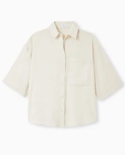 Chemise Oversize Manches Courte Avec Lin - Beige