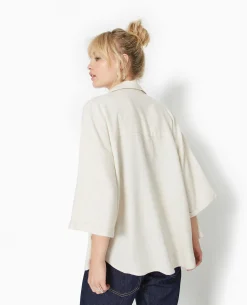 Chemise Oversize Manches Courte Avec Lin - Beige