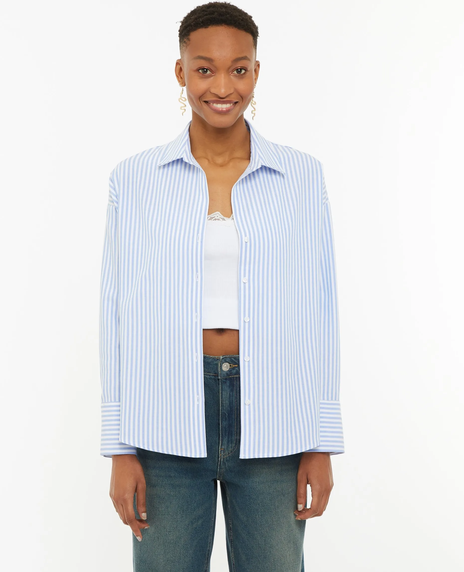 Chemise Oversize Rayée Col Ouvert - Bleu