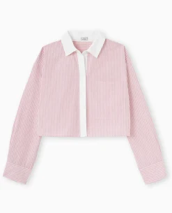 Chemise Rayée Cropped Façon Pyjama D'homme - Rose Poudré