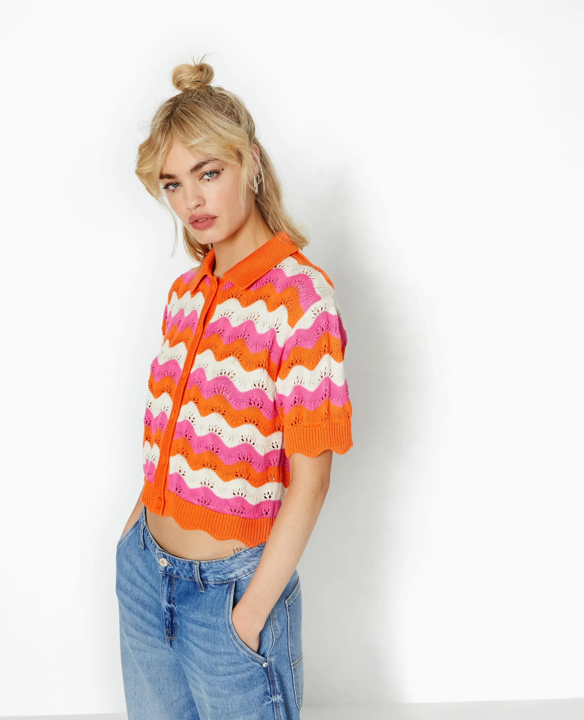 Gilet Avec Col En Maille Ajourée - Orange