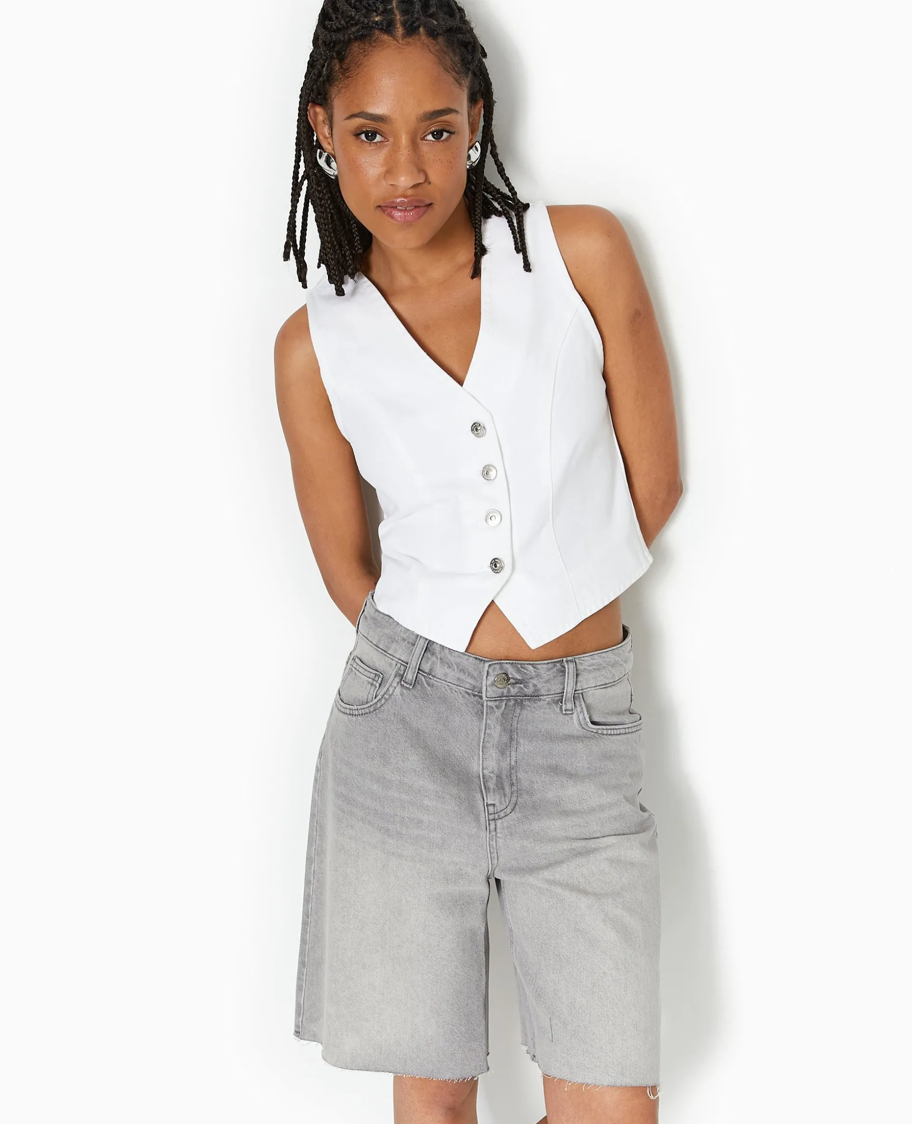 Gilet Barman En Jean Avec Boutons Métalliques - Blanc