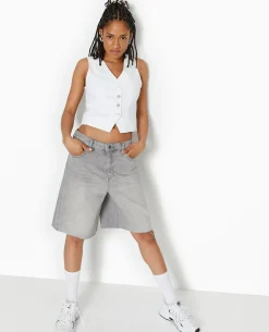 Gilet Barman En Jean Avec Boutons Métalliques - Blanc