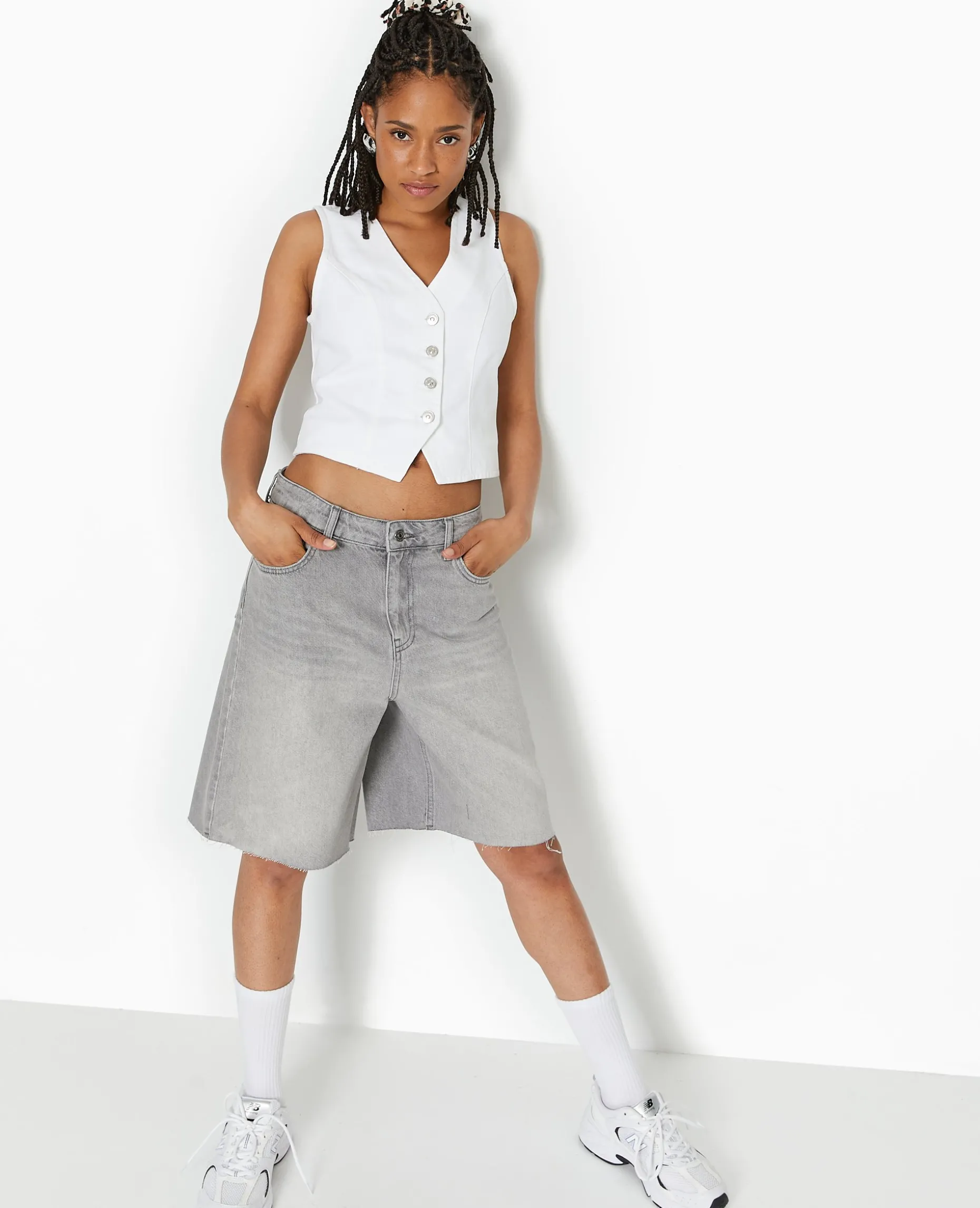 Gilet Barman En Jean Avec Boutons Métalliques - Blanc