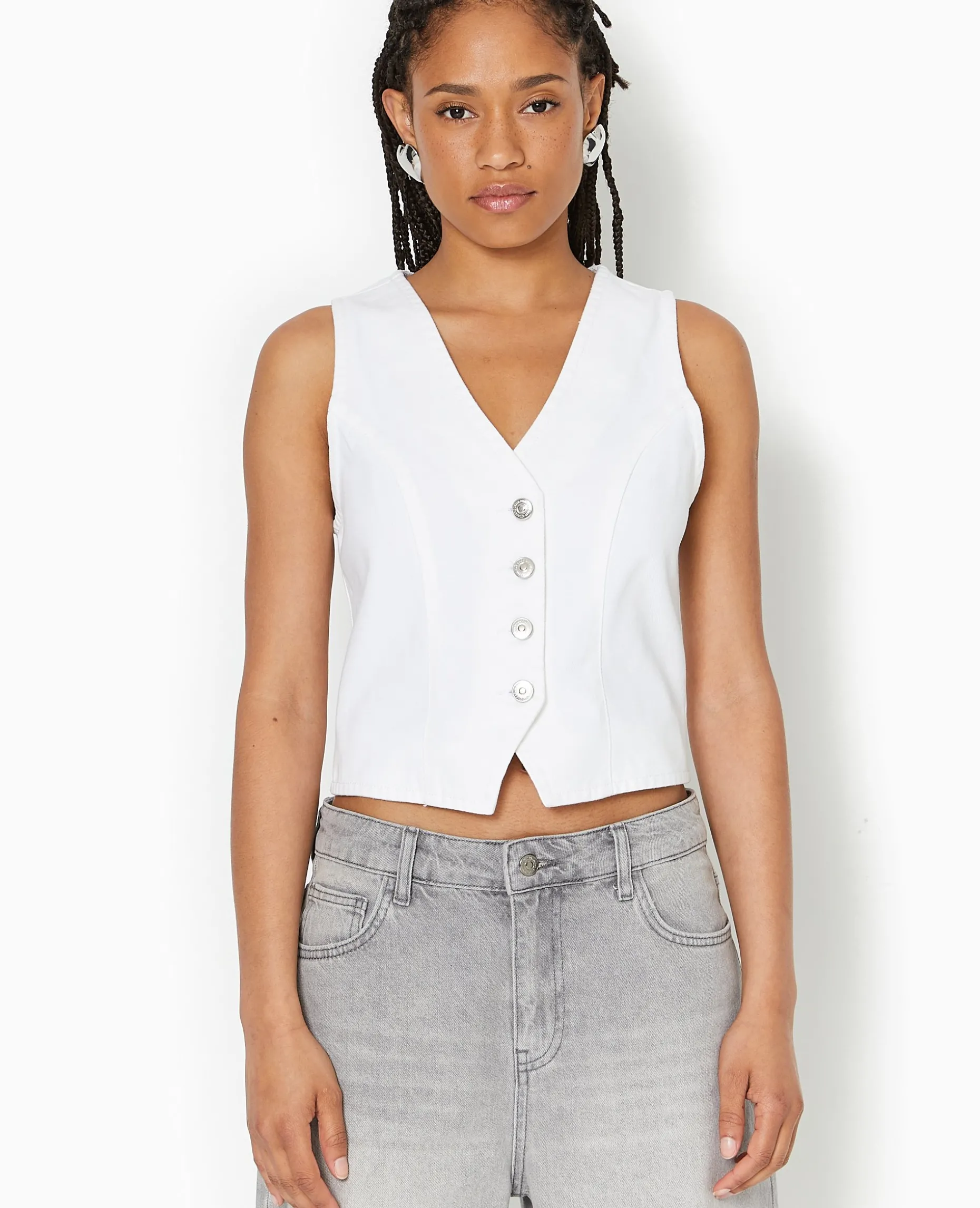 Gilet Barman En Jean Avec Boutons Métalliques - Blanc