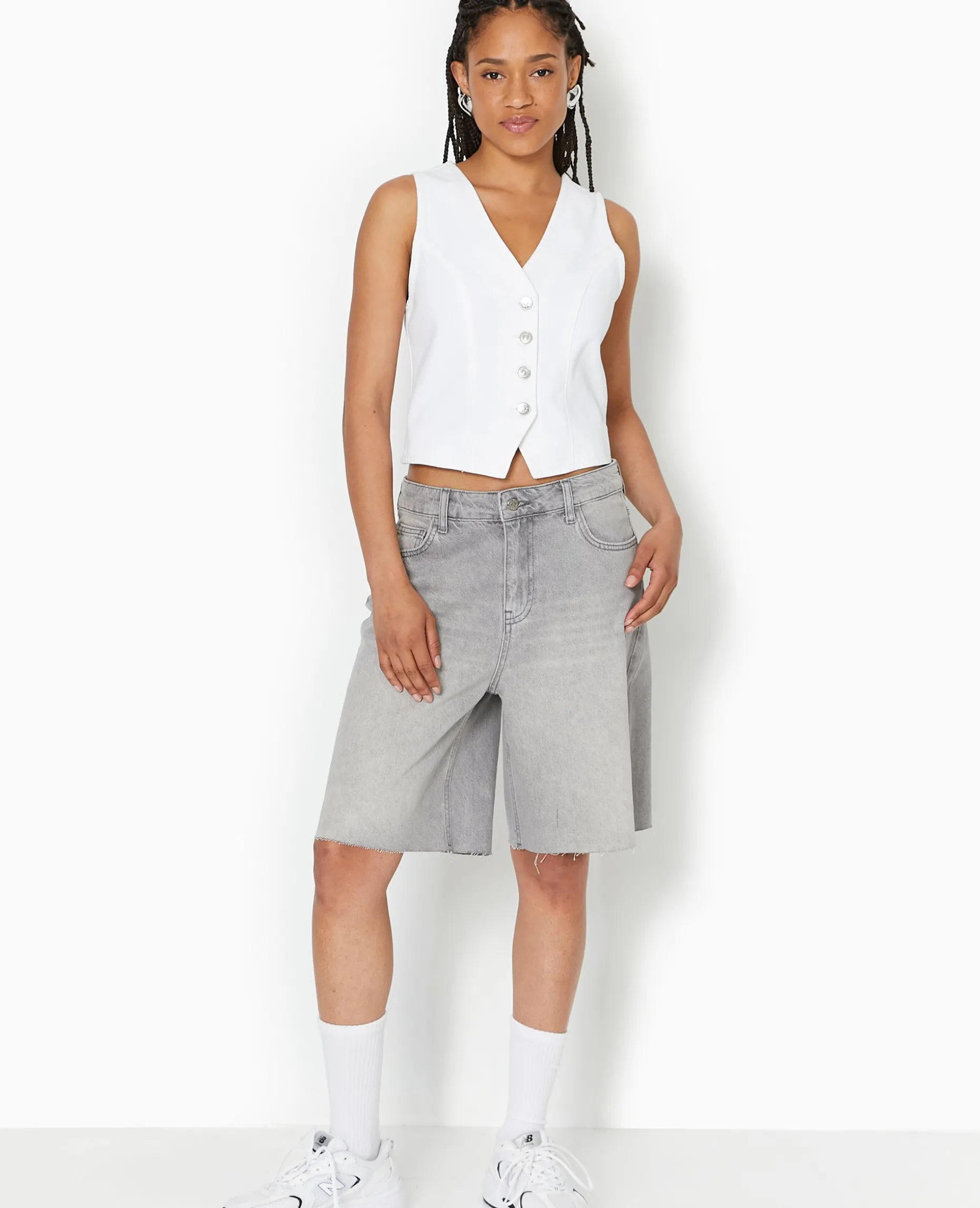 Gilet Barman En Jean Avec Boutons Métalliques - Blanc