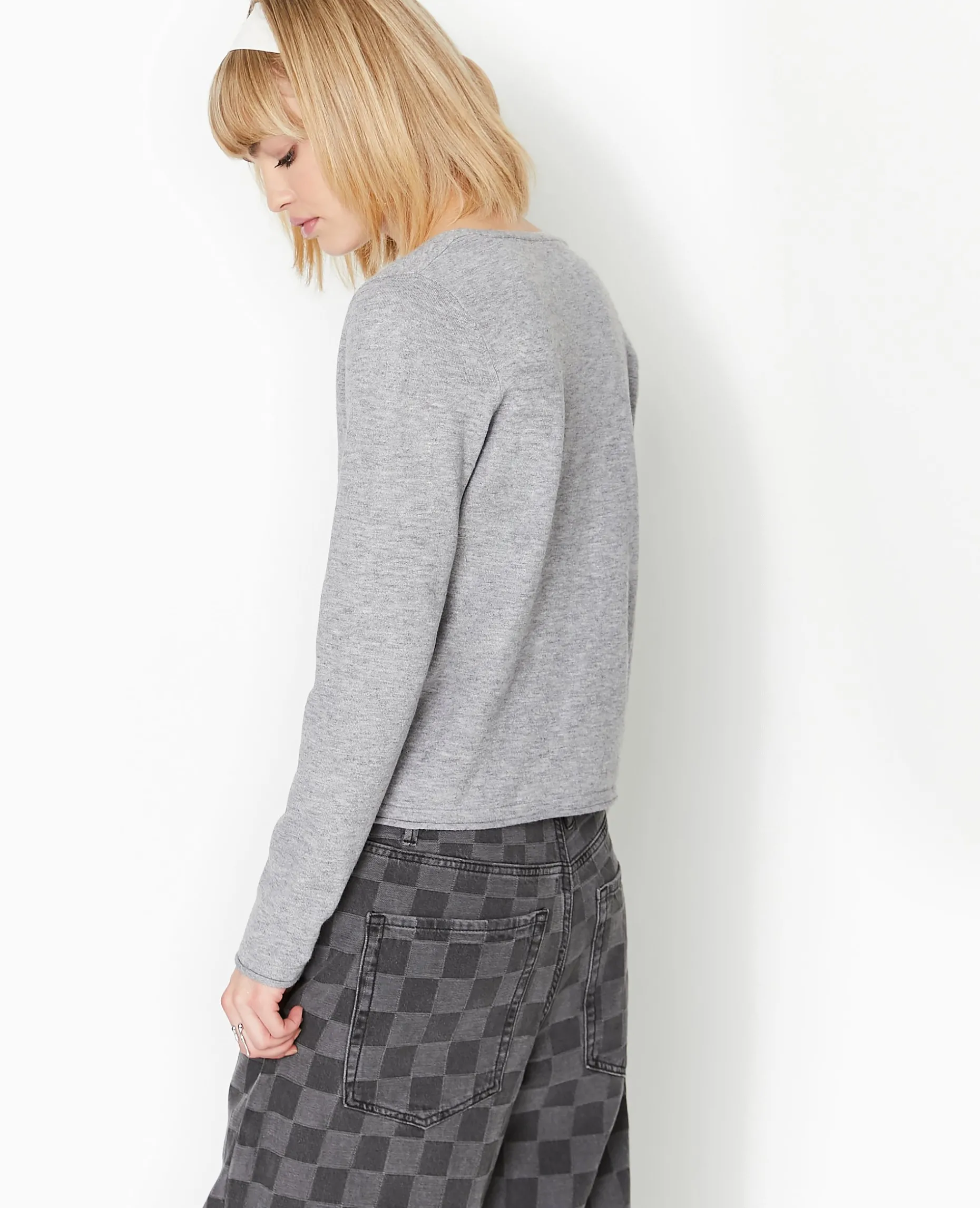 Gilet Col V En Maille Fine - Gris Chiné