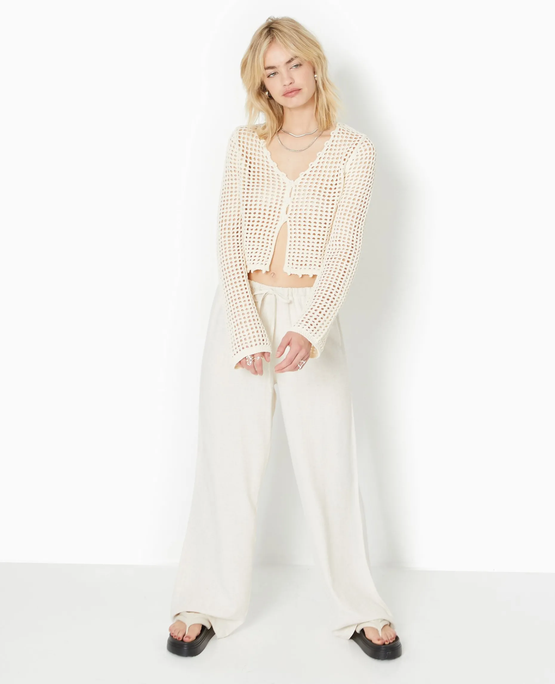 Gilet En Maille Crochet Ajourée Manches Flare - écru