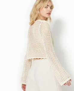 Gilet En Maille Crochet Ajourée Manches Flare - écru
