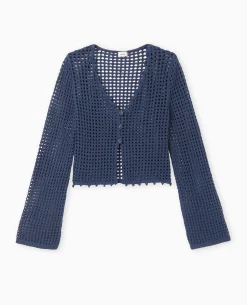 Gilet En Maille Crochet Ajourée Manches Flare - Bleu Marine