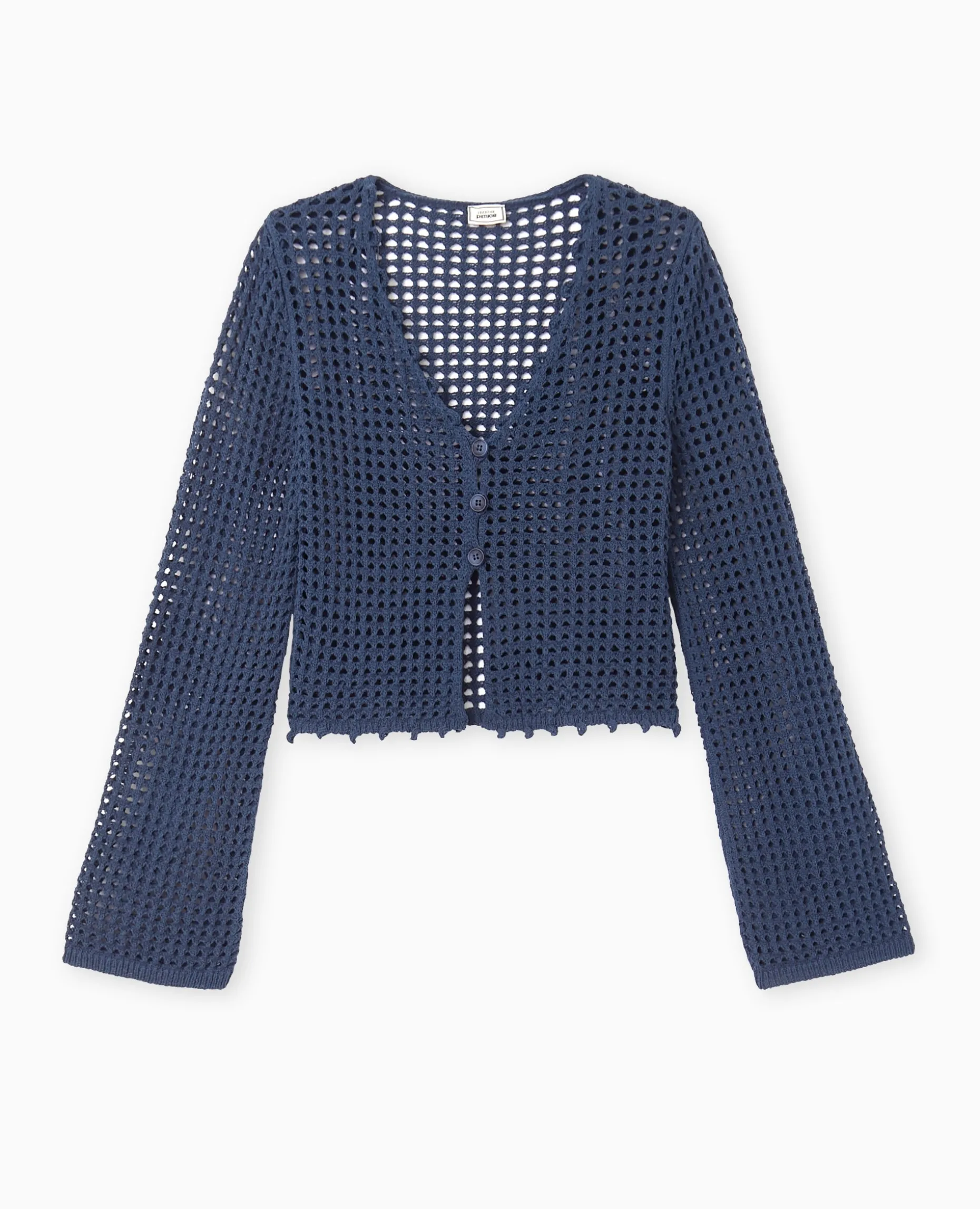 Gilet En Maille Crochet Ajourée Manches Flare - Bleu Marine