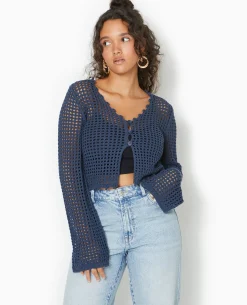 Gilet En Maille Crochet Ajourée Manches Flare - Bleu Marine