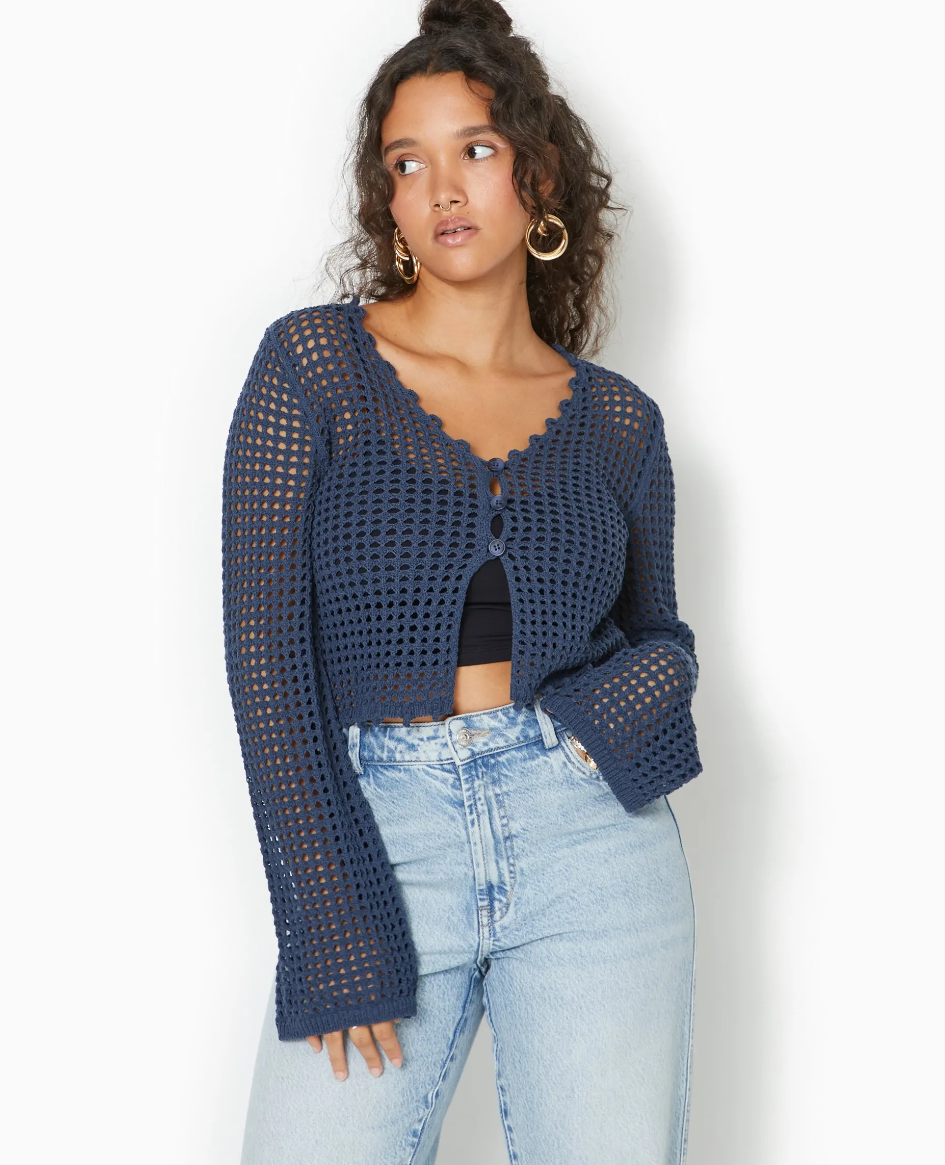 Gilet En Maille Crochet Ajourée Manches Flare - Bleu Marine
