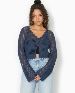 Gilet En Maille Crochet Ajourée Manches Flare - Bleu Marine