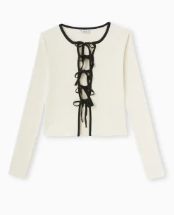 Gilet En Maille Côtelée Avec Liens à Nouer - Blanc