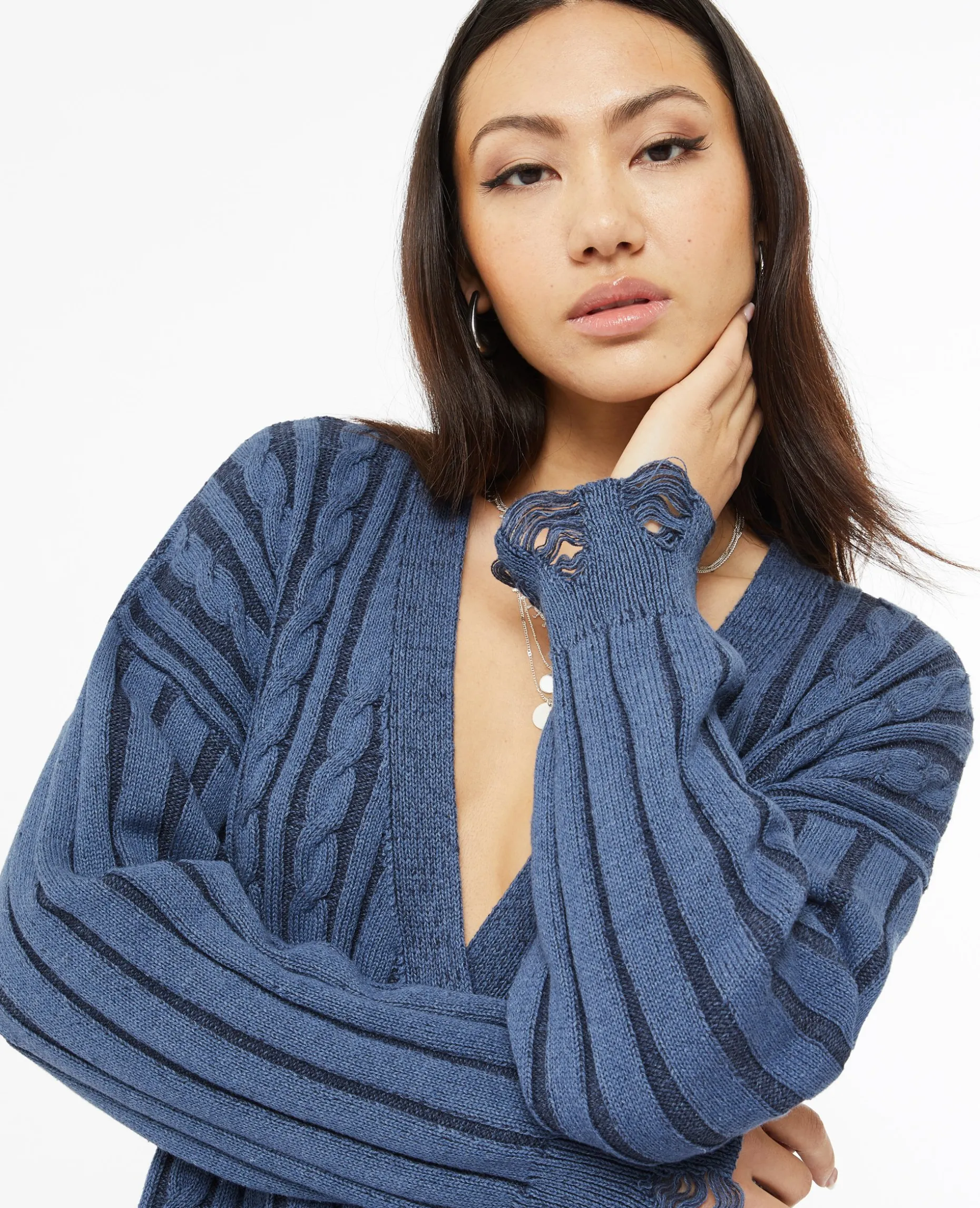 Gilet En Maille Torsadée Effet Destroy - Bleu