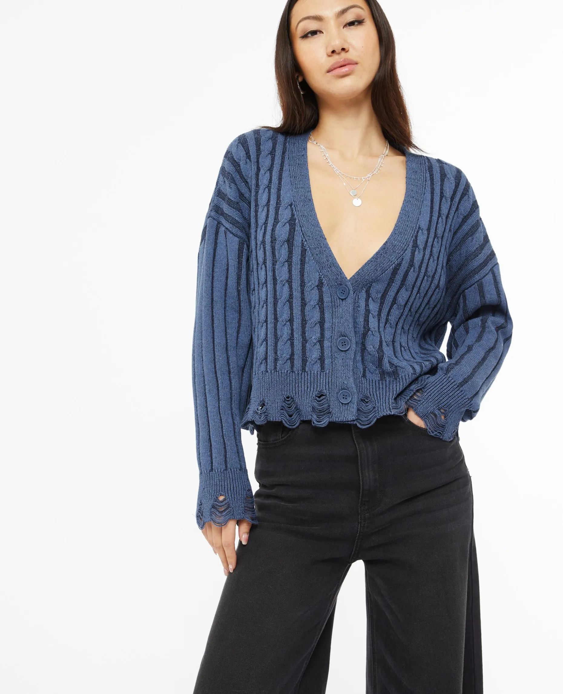 Gilet En Maille Torsadée Effet Destroy - Bleu
